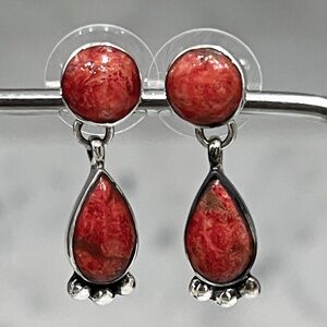 Santa Fe Style Sterling Silver Red Coral Post Dangle BOHO Earrings